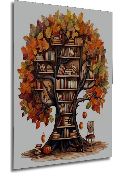 Sonbahar Ağacı Kitaplık Sulu Boya Görünümlü Ahşap Dekoratif Tablo Dikdörtgen Tablo fırsatları