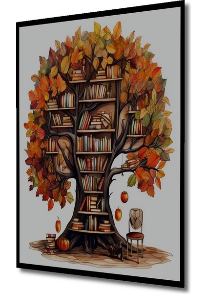 Sonbahar Ağacı Kitaplık Sulu Boya Görünümlü Ahşap Dekoratif Tablo Dikdörtgen Tablo indirimleri