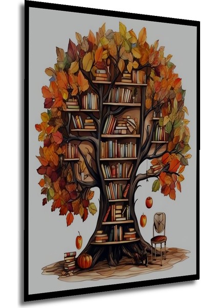 Sonbahar Ağacı Kitaplık Sulu Boya Görünümlü Ahşap Dekoratif Tablo Dikdörtgen Tablo