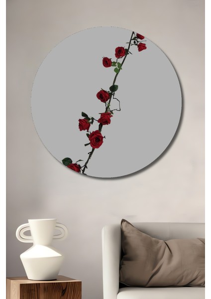 Kırmızı Gül Bahçesi Yağlı Boya Görünümlü Ahşap Dekoratif Tablo Yuvarlak Tablo