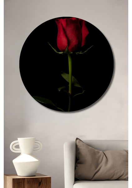 Kırmızı Gül Yağlı Boya Görünümlü Ahşap Dekoratif Tablo Yuvarlak Tablo