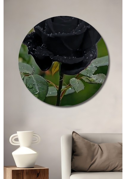 Siyah Gül Yağlı Boya Görünümlü Ahşap Dekoratif Tablo Yuvarlak Tablo