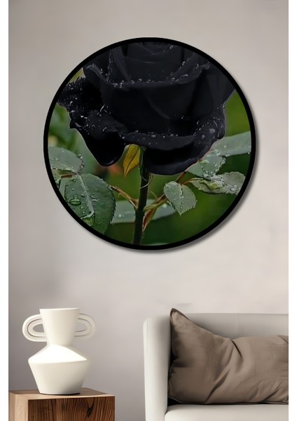 Siyah Gül Yağlı Boya Görünümlü Ahşap Dekoratif Tablo Yuvarlak Tablo fiyatları