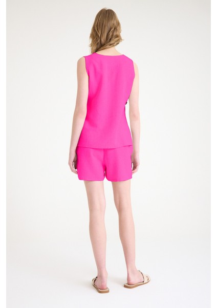 Keten Kolsuz Bluz Şort Fuşya Ikili Takım