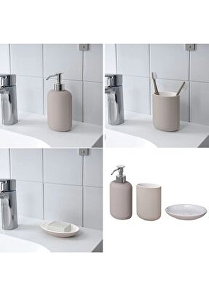 3'lü Banyo Seti - Sıvı Sabunluk, Fırçalık, Katı Sabunluk - Stoneware Bej fiyatları