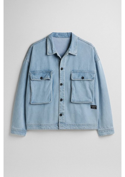 Erkek Göğüs Cepli Oversize Buz Mavi Kot Mont modelleri