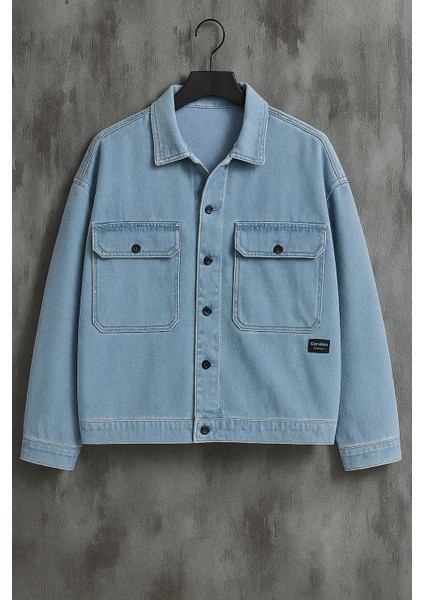 Erkek Göğüs Cepli Oversize Buz Mavi Kot Mont fırsatları