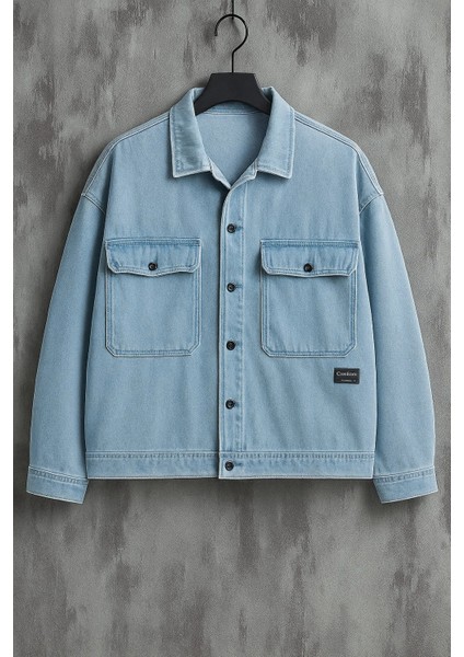 Erkek Göğüs Cepli Oversize Buz Mavi Kot Mont
