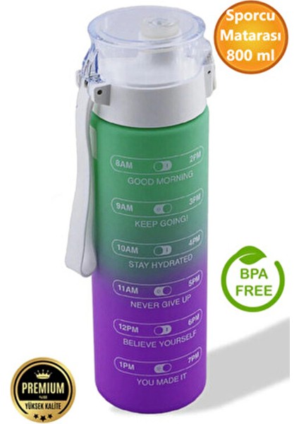 Sporcu Matarası 800 ml Bpa Içermez Çocuk Su Şişesi Sızdırmaz Pipetsiz Suluk Yeşil Mor Motivasyon.