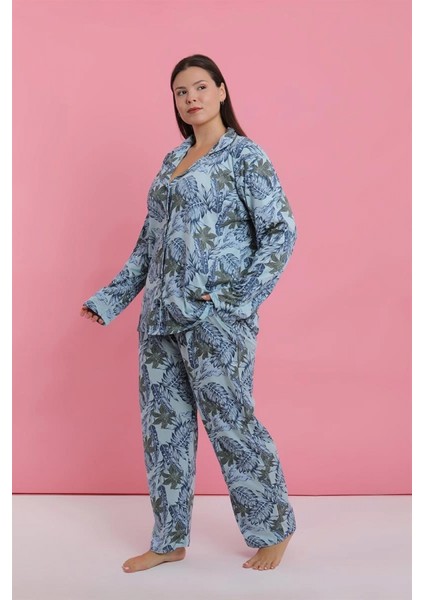 - Kadın Büyük Beden Mavi Tropikal Desenli Düğmeli Pijama Takımı modelleri