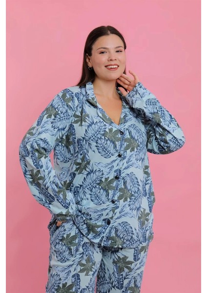 - Kadın Büyük Beden Mavi Tropikal Desenli Düğmeli Pijama Takımı fırsatları