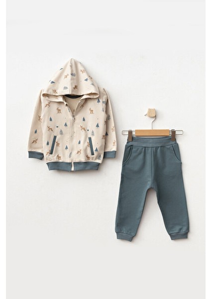 Erkek Bebek Animal Desenli Sweatshirt Pantolon T-Shirt 3'lü Alt Üst Bebek Takımı 3 Ay-36 Ay