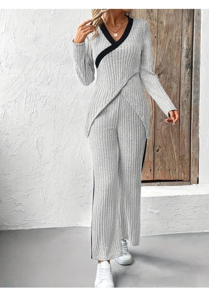 Kadın Uzun Kollu V Yakalı Çapraz Detaylı Şardonlu Kaşkorse Bluz ve Pantolon Ikili Takım indirimleri