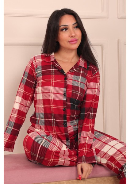Kadın Ekose Desenli Önü Düğmeli Süet Pijama Takımı fırsatları