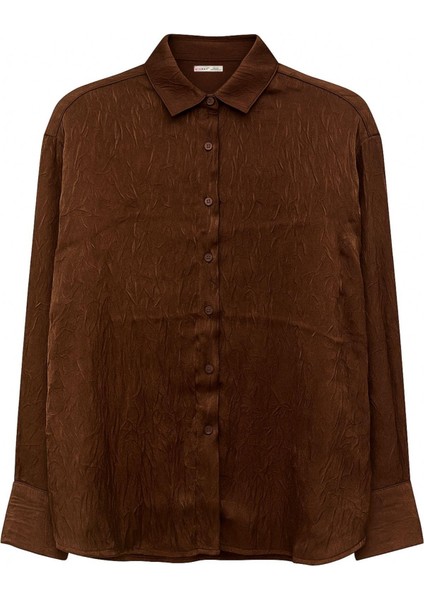 4624 Kadın Saten Krinkıl Gömlek Kahve