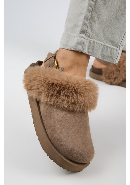 Antonella Kürklü Kadın Hakiki Deri Arkadan Kemerli Platform Sabo Vizon Sandalet modelleri