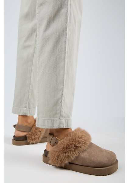 Antonella Kürklü Kadın Hakiki Deri Arkadan Kemerli Platform Sabo Vizon Sandalet indirimleri