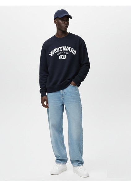 Uzun Kollu Sıfır Yaka Slogan Baskılı Lacivert Sweatshırt