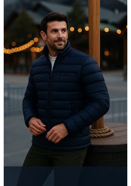 Erkek Trend Günlük Dik Yaka Kışlık K.lacivert Şişme Mont