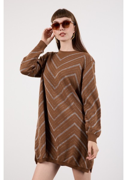 Kadın Taba Yan Yırtmaçlı Bisiklet Yaka Sim Desenli Triko Bluz