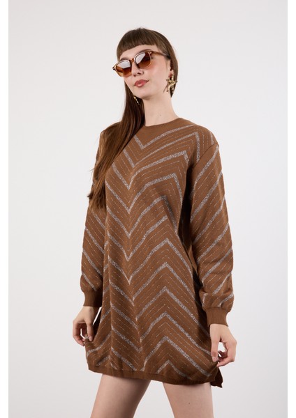 Kadın Taba Yan Yırtmaçlı Bisiklet Yaka Sim Desenli Triko Bluz modelleri