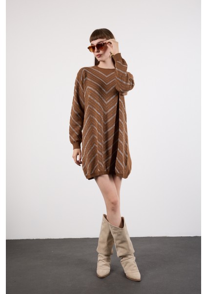 Kadın Taba Yan Yırtmaçlı Bisiklet Yaka Sim Desenli Triko Bluz