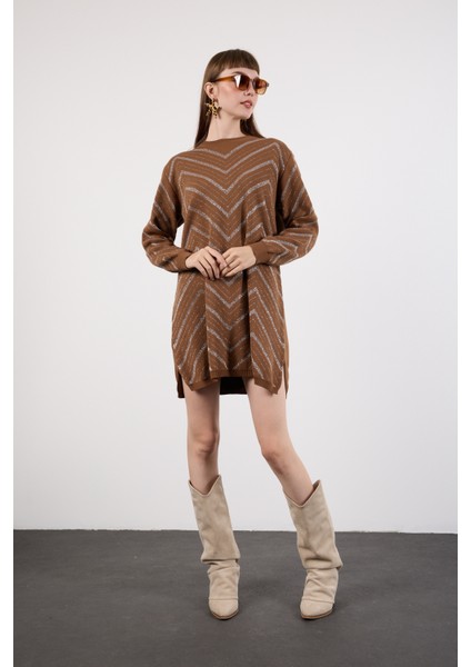 Kadın Taba Yan Yırtmaçlı Bisiklet Yaka Sim Desenli Triko Bluz