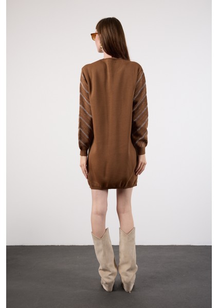 Kadın Taba Yan Yırtmaçlı Bisiklet Yaka Sim Desenli Triko Bluz