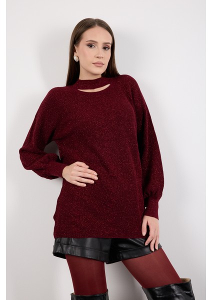Kadın Bordo Reglan Balon Kollu Choker Yaka Simli Triko Kazak