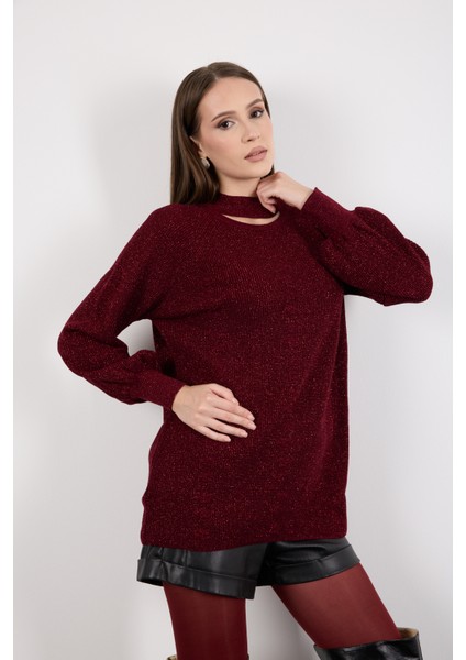 Kadın Bordo Reglan Balon Kollu Choker Yaka Simli Triko Kazak fiyatları