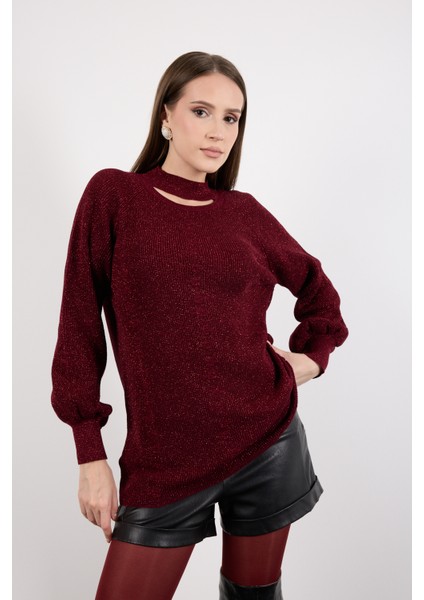 Kadın Bordo Reglan Balon Kollu Choker Yaka Simli Triko Kazak modelleri