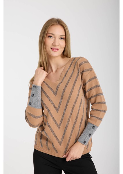 Kadın Bej Simli V Yaka Kazak