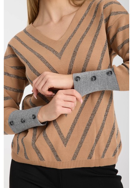 Kadın Bej Simli V Yaka Kazak fiyatları