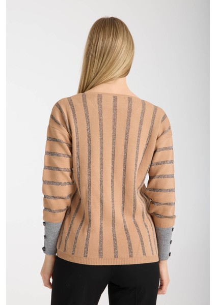 Kadın Bej Simli V Yaka Kazak modelleri