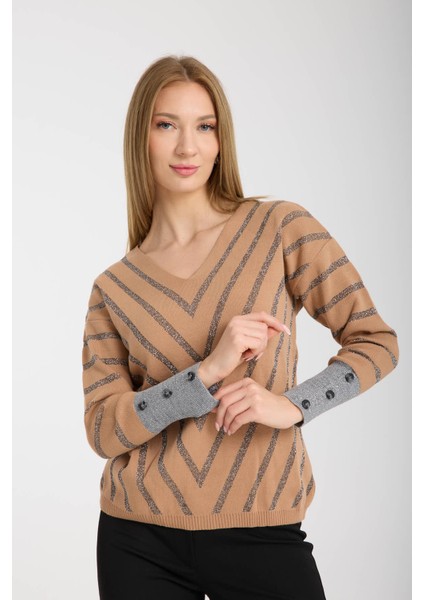 Kadın Bej Simli V Yaka Kazak fırsatları