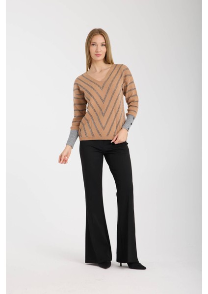 Kadın Bej Simli V Yaka Kazak indirimleri