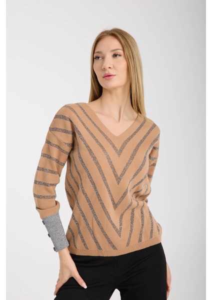 Kadın Bej Simli V Yaka Kazak