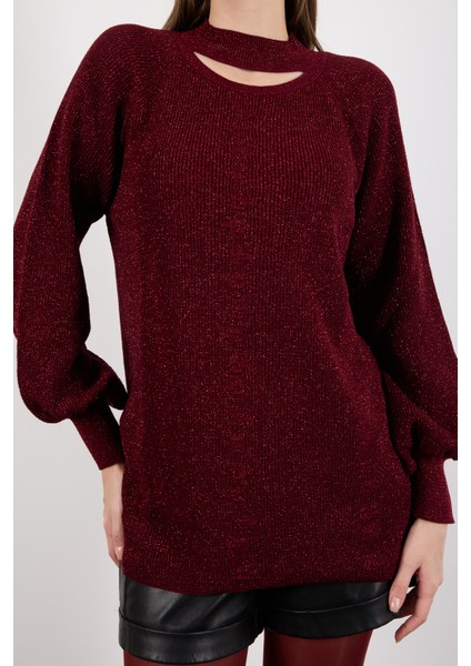 Kadın Bordo Reglan Balon Kollu Choker Yaka Simli Triko Kazak fırsatları