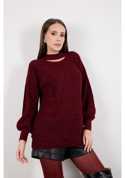 Kadın Bordo Reglan Balon Kollu Choker Yaka Simli Triko Kazak indirimleri