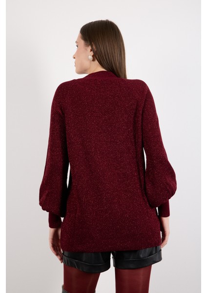 Kadın Bordo Reglan Balon Kollu Choker Yaka Simli Triko Kazak