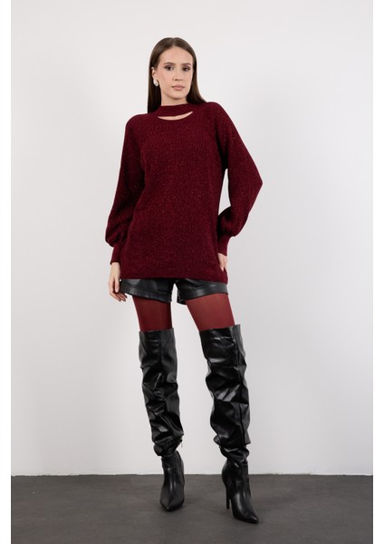 Kadın Bordo Reglan Balon Kollu Choker Yaka Simli Triko Kazak