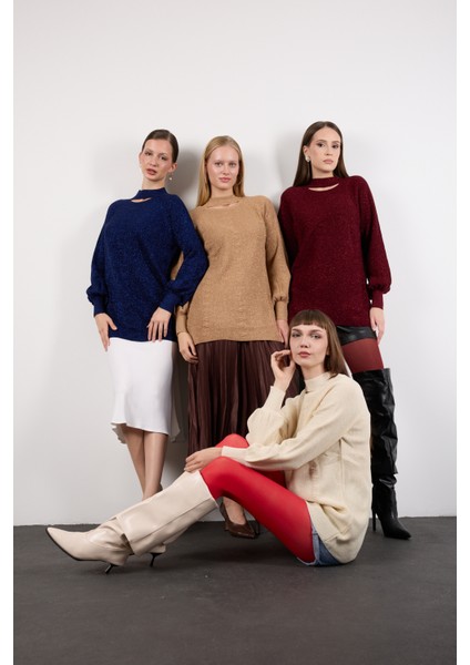 Kadın Bordo Reglan Balon Kollu Choker Yaka Simli Triko Kazak