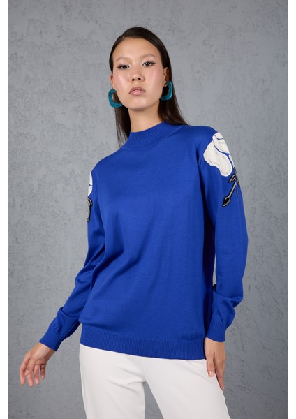 Kadın Saks Mavisi Elit Viskon Kumaş Taş Detaylı Omuzlar Yarım Balıkçı Yaka Triko Bluz fiyatları