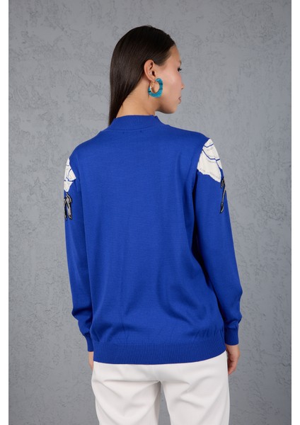 Kadın Saks Mavisi Elit Viskon Kumaş Taş Detaylı Omuzlar Yarım Balıkçı Yaka Triko Bluz indirimleri