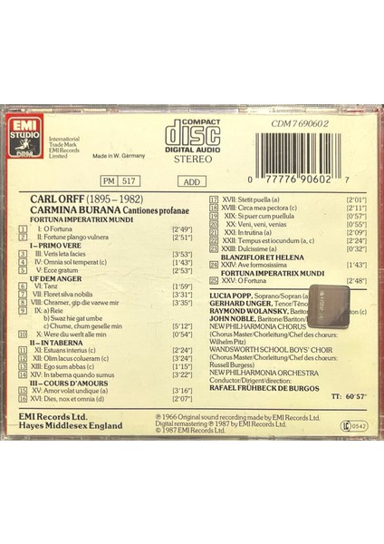 (Plak Değildir CD Dir) CD Orff Carmina Burana CD fiyatları