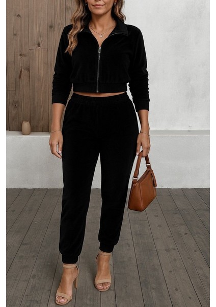 Kadın Uzun Kollu Önden Fermuarlı Krop Kadife Ceket ve Pantolon Ikili Takım