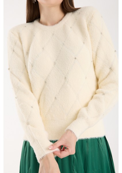 Kadın Ekru Sakal Iplik Taş Detaylı Bisiklet Yaka Triko Kazak modelleri