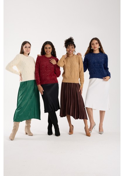 Kadın Ekru Sakal Iplik Taş Detaylı Bisiklet Yaka Triko Kazak