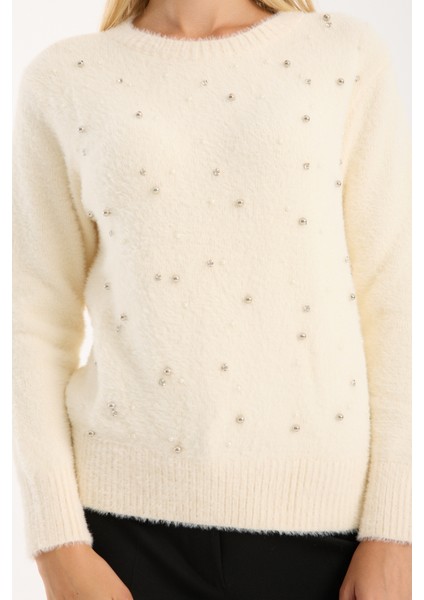 Kadın Ekru Sakal Iplik Taş ve Inci Detaylı Bisiklet Yaka Triko Kazak fırsatları