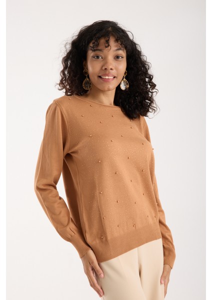 Kadın Bej Elit Viskon Kumaş Taş ve Inci Detaylı Yuvalak Yaka Triko Bluz fırsatları